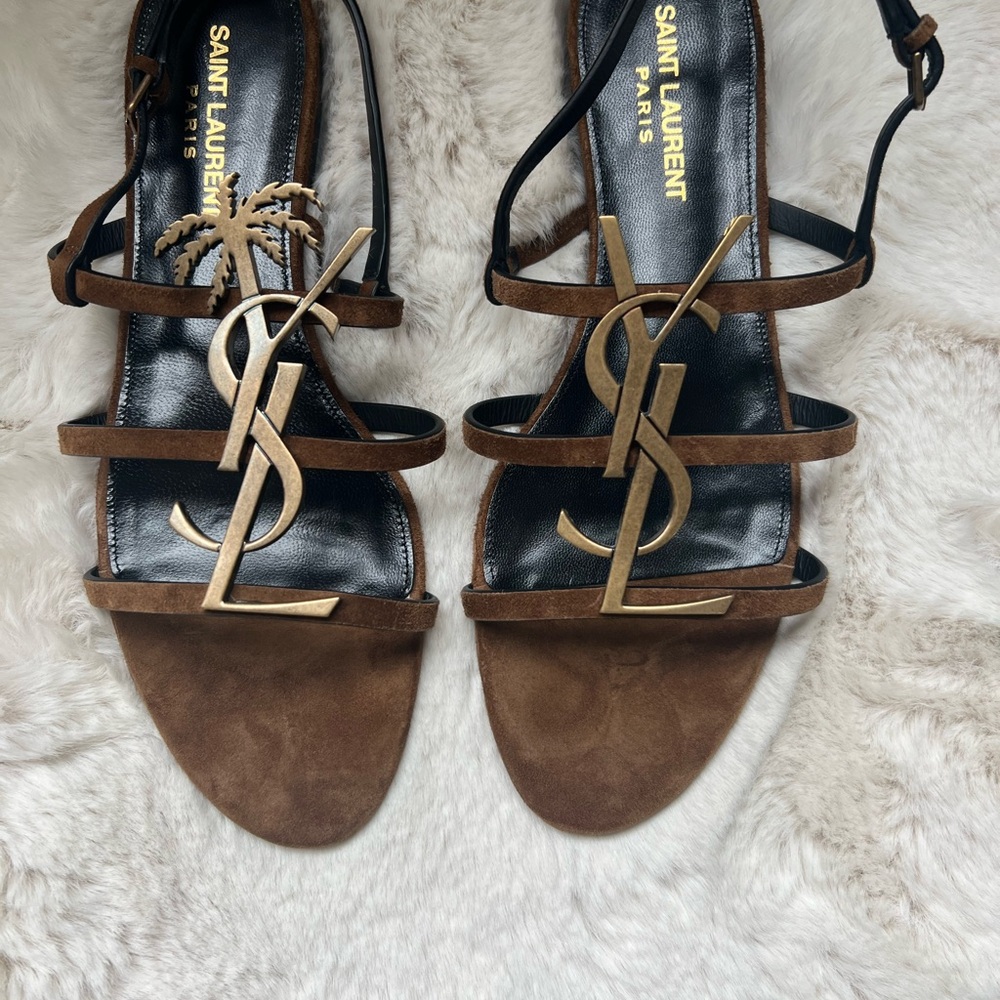 New Saint Laurent Cassandra Suede YSL logo Palm tree Sandals Brown Sandals - Picture 8 of 13